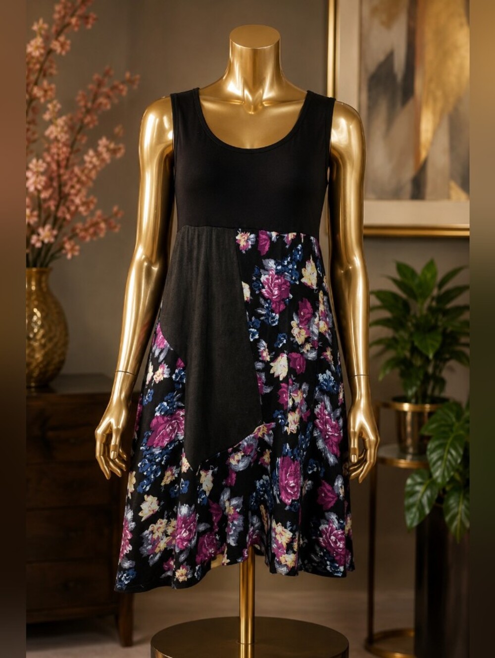 Vintage Black Floral A-Line Tank Dress